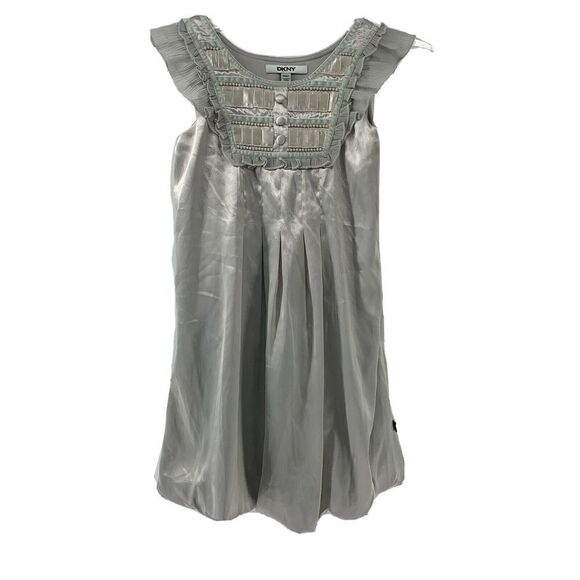 DKNY Silver Silky Sleeveless Ruffle Edge Dress - Picture 1 of 9
